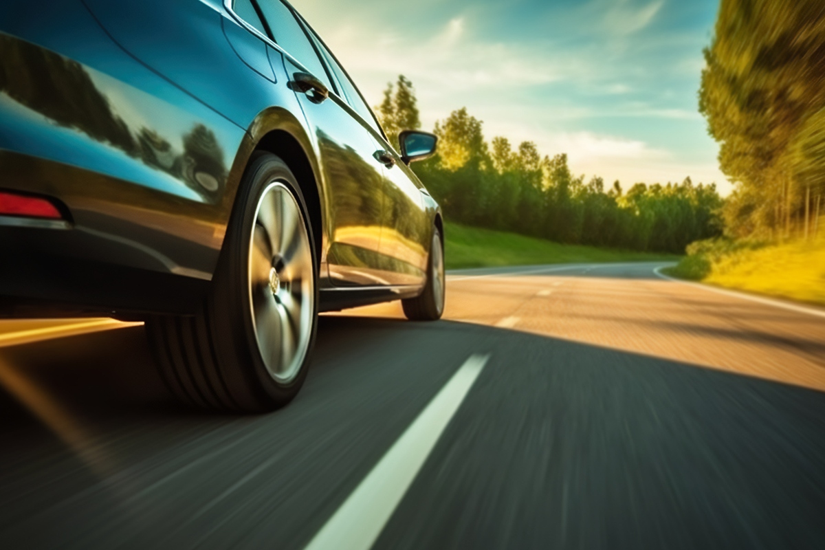 Low angle side view of car rushes along the highway at sunset